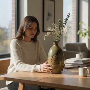 Contemp Art Pottery Vase Green MCM Tall Bulbous Earthenware Signed Spozz Potry